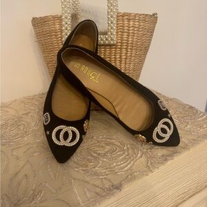 Rouge  Black Flats with Pearl & Gold Embellishments
